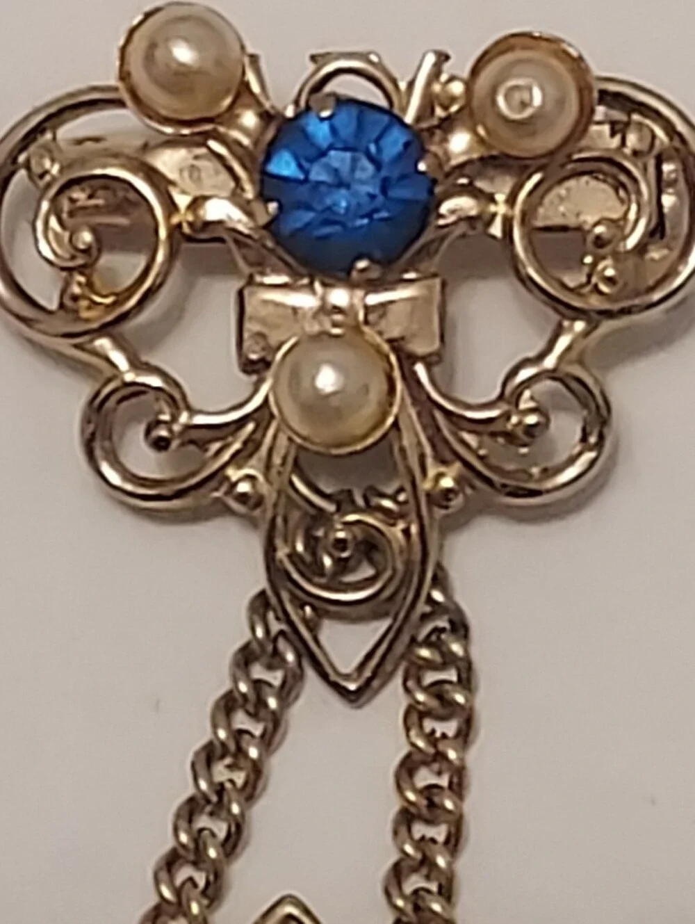 Vintage Goldtone Filigree Chatelaine Brooch Blue Rhinestones Faux Pearls 2.5in.